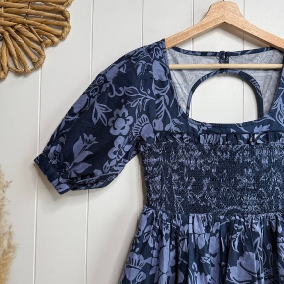 Free People Navy Floral Mini Dress W/ Puff Sleeves Smocked Bodice& Heart Buttons - Picture 7 of 13